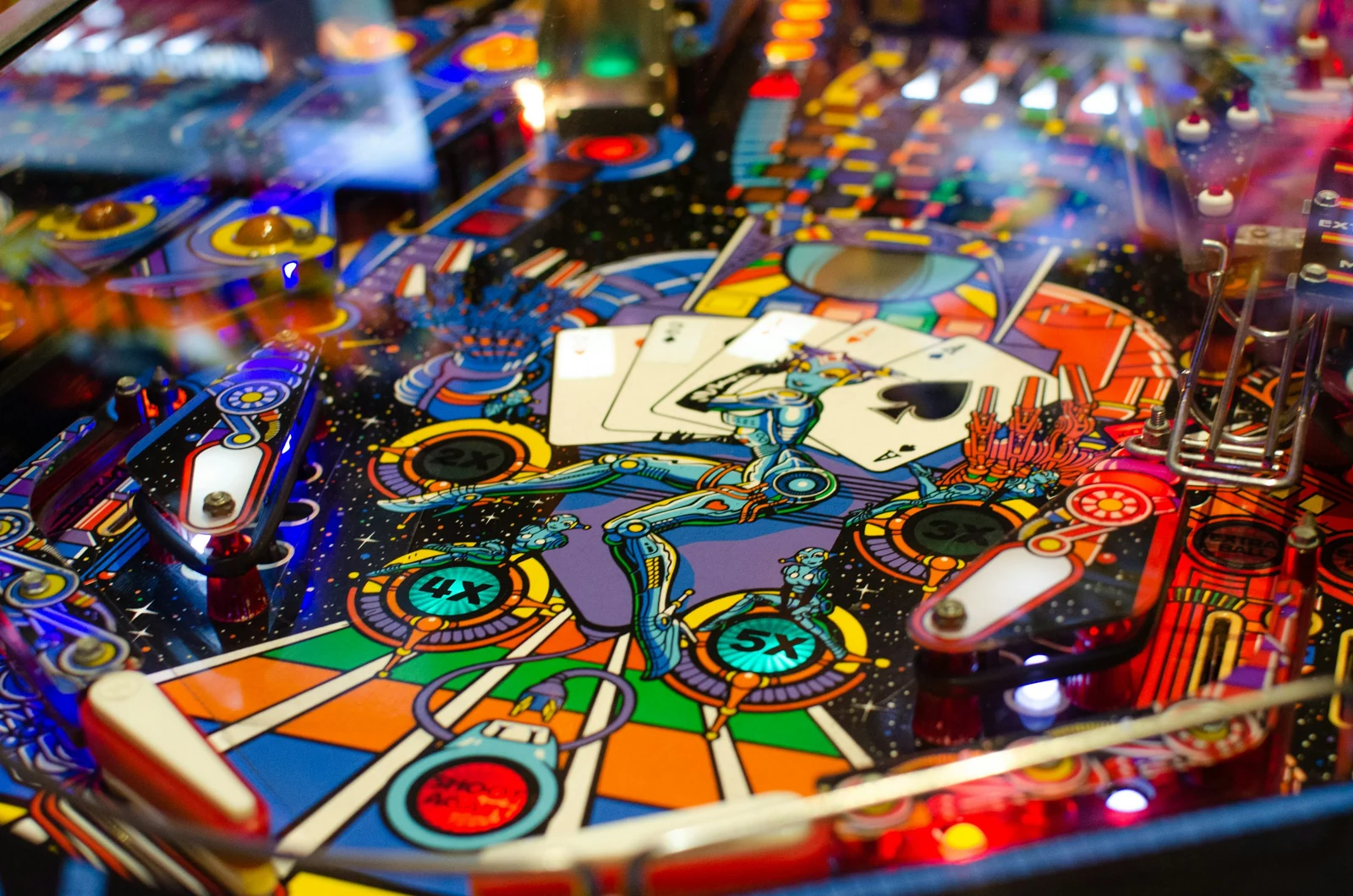 Colourful lights, flippers and chrome rails on a vintage pinball playfield